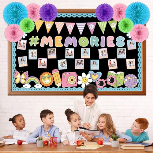 Image of Pastel Groovy End of Year Bulletin Board Set 2026 Graduation Picture Frame Memories Classroom Decoration Paper Fans 3D DIY Hanging Cutouts for First Day of School Classroom Chalkboard Wall Decor