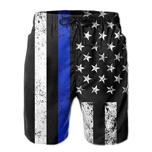 Teen Boys Swim Trunks, Thin Blue Line Distressed American Flag Stars And Stripes Beach Shorts Relaxed Fit Beach Surfing 3d Printed Drawstring Beach Bathing Suits Pant With Pockets Mesh Lining Large