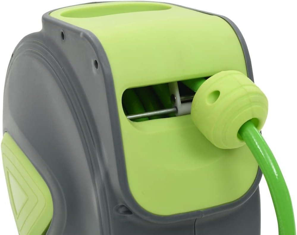 vidaXL Wall-Mounted Automatic Retractable Water Hose Reel - 32.8'+3.3’ Long PVC Garden Hose, Adjustable Spray Nozzle, Auto-Winding Mechanism, High-Pressure Watering, Durable Hose Storage, Grey Green.