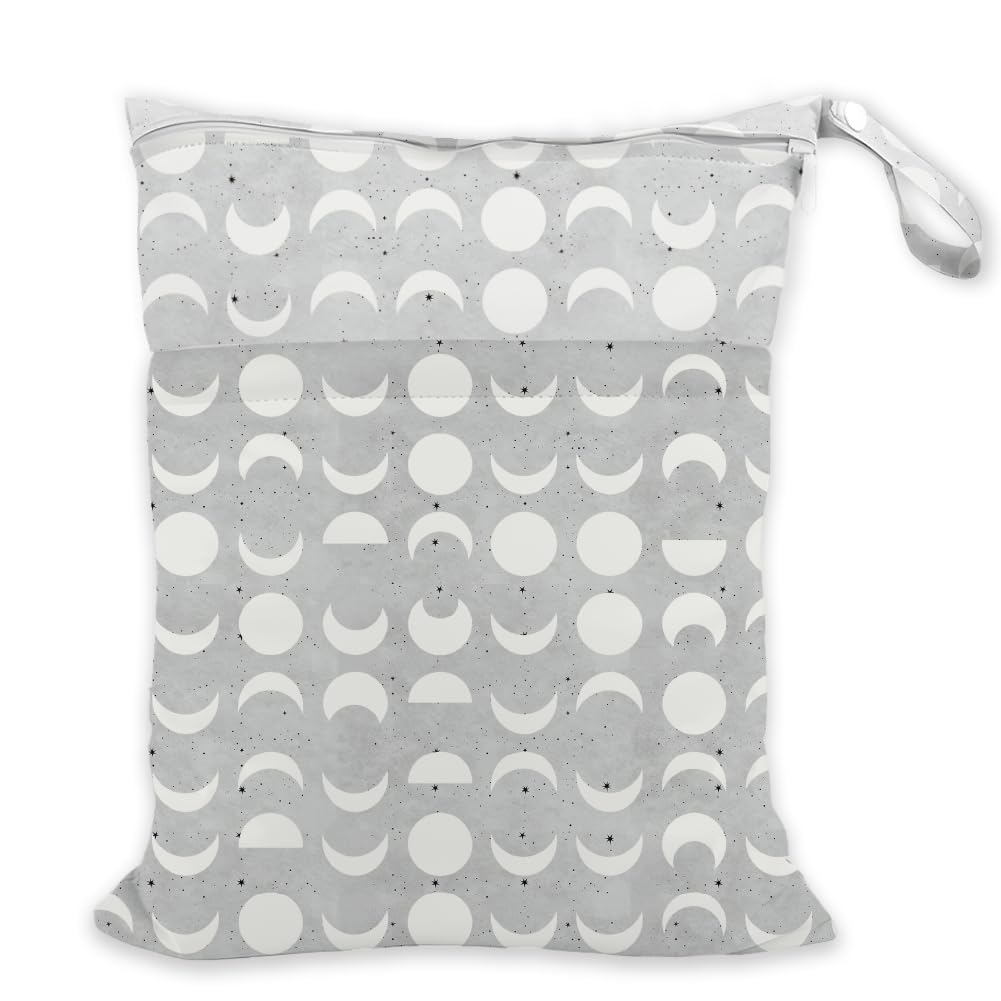 SUPERDANT Wet Dry Bag Moon Phases Waterproof Wet Bag Reusable Leakproof Gray Wet Clothes Bags with Zippered Pockets for Beach Pool Gym Swimsuits Sportswear Diapers 36x30cm