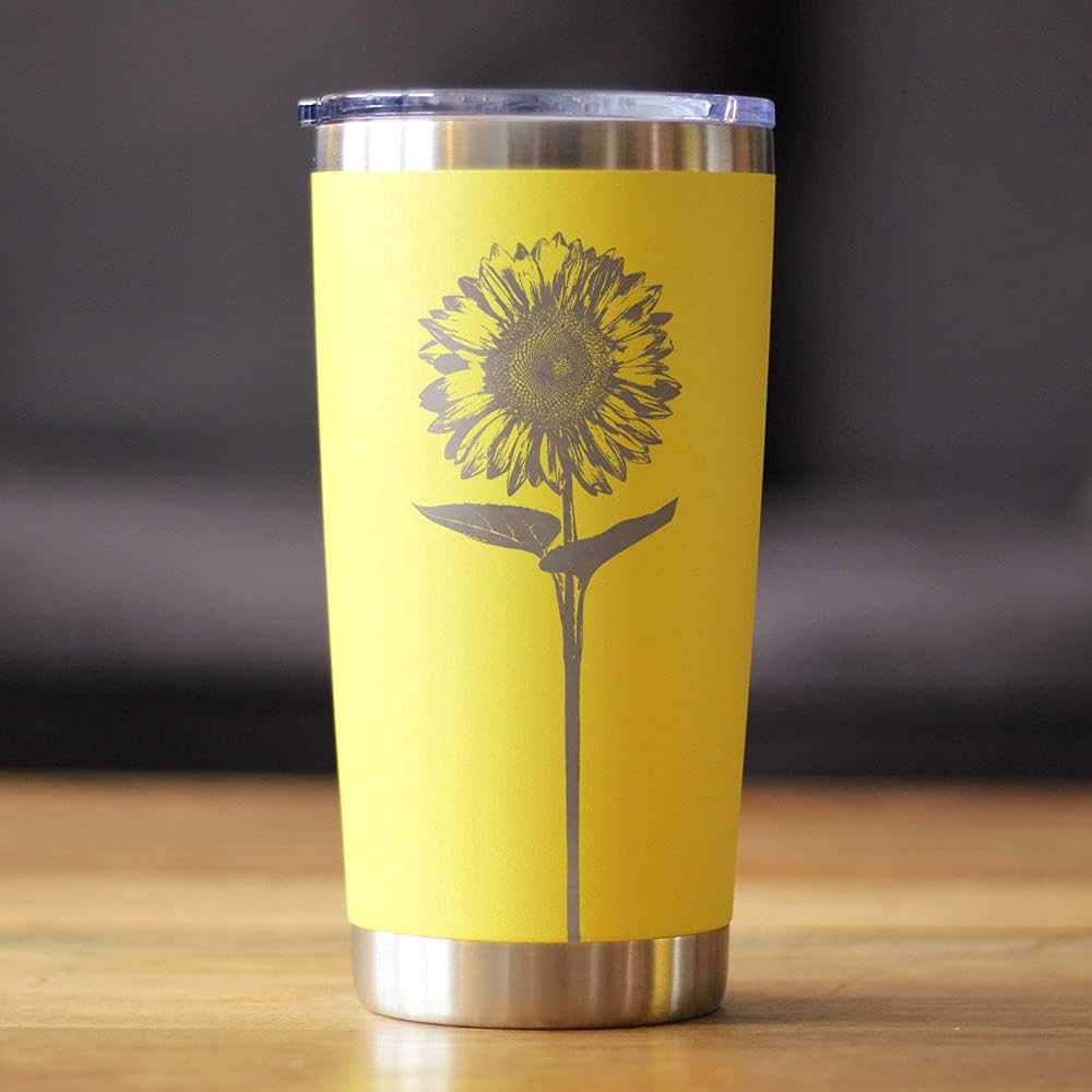 Bevvee Sunflower - Insulated Coffee Tumbler Cup with Sliding Lid - Stainless Steel Insulated Mug - Flower Décor Gifts - Yellow