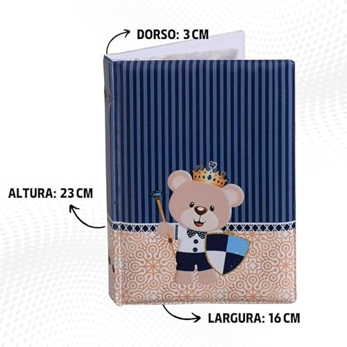 Álbum Fotográfico 15x21 para 100 Fotos URSO ESCUDO Coroa Bebê Infantil Azul