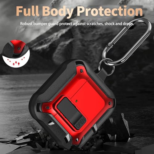 Image of Olytop for Airpods 4 Case with Lock Clid, Rugged Apple Airpods 4th Generation Cover 2024 Men Women, Armor Shockproof iPod 4 Gen Protective Hard Shell with Carabiner&Cleaner kit, Black /Red