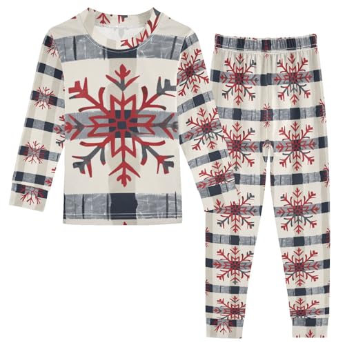 Fustylead Xmas Snowflake on Beige Black Buffalo Plaid Cotton Pajamas Set 2 Piece Long Sleeve Pjs Sleepwear