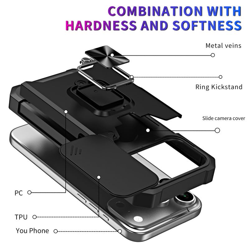 Image of LuxuryKase Shockproof Armor Case for iPhone 17 Pro Max | Slide Camera Cover | Hidden Card Slot | Rotating Ring Kickstand | Magnetic Car Mount Support | Military Grade Protection - Black