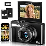 4K Digitalkamera mit WLAN 64MP Kamera Fotokamera 3' 180° Klappbildschirm Fotoapparat Digitalkamera für Kinder Anfänger, 18X Digitalzoom, Autofokus, mit 32GB Karte, 2 Batterien