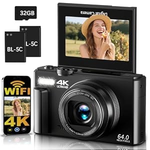 H-Bocam Digitalkamera 4K 64MP WLAN Kamera Fotokamera Autofokus Fotoapparat | für Anfänger, 3" 180° Klappbildschirm, 18X Digitalzoom, mit 32GB Karte, 2 Akku