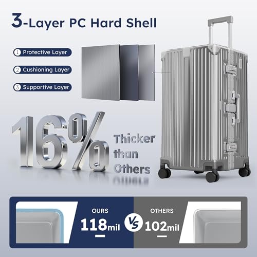 Image of ALPHA CAMP Trunk Luggage 26 Inch with Aluminum Frame Zipperless Suitcase | Checked Thickened 3-Layer PC Hardshell Luggage with TSA Lock,Charging Port,Cup Holder and Spinner Wheels for Holiday Travel