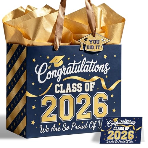 TOTEUSVIA 13 Large Graduation Gift Bag Blue Gold Congratulations Gift Bags for Class 2026 with Tissue Paper and Greeting Card