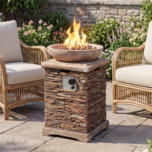 COSIEST Outdoor Propane Fire Pit Table w Faux Brown Compact Ledge Stone 20' Square Base and Faux Rose-Marble Round Bowl, Certified, 40,000 BTU, Free Lava Rocks, Fits 20lb Tank Inside, Raincover