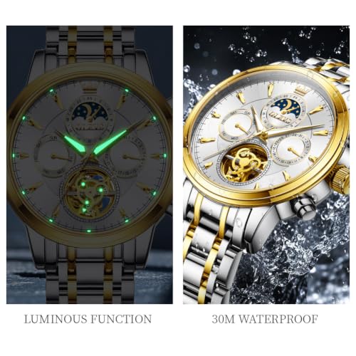Image of OLEVS Men Automatic Skeleton Watch - Luxury Stainless Steel Calendar Moon Phase Mechanical Dress Wrist Watch with Luminous, Waterproof Self-Wind (Gold /Silver /Blue /Black)