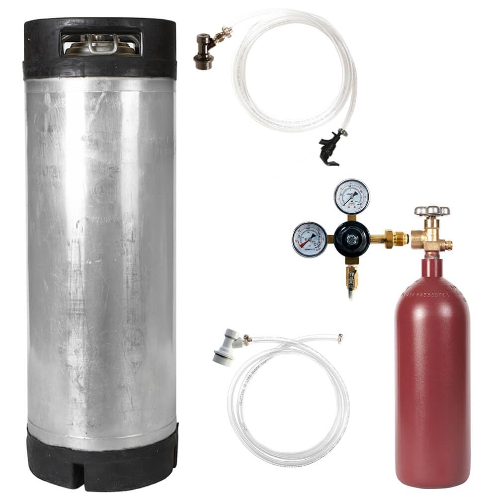 Varies Keg Kit with 5 Gallon Ball Lock Keg, 20 cuft Steel Nitrogen Cylinder, Regulator, and All Accessories