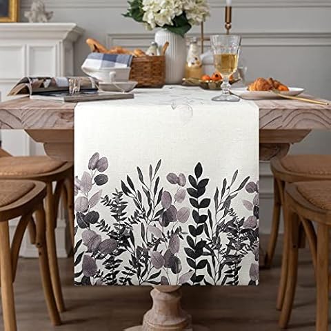 Camino de Mesa de Lino con Patrón de Eucalipto para Decoración de Mesa Cover