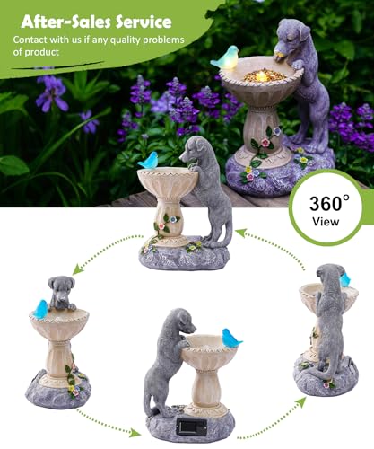 Goodeco Solar-Hundestatue mit Vogeltränke, wasserdichte Harz-Skulptur mit Solar-Vogellichtern, Garten-Hunde-Geschenke für Frauen/Mutter/Oma, Dekoration – Grau