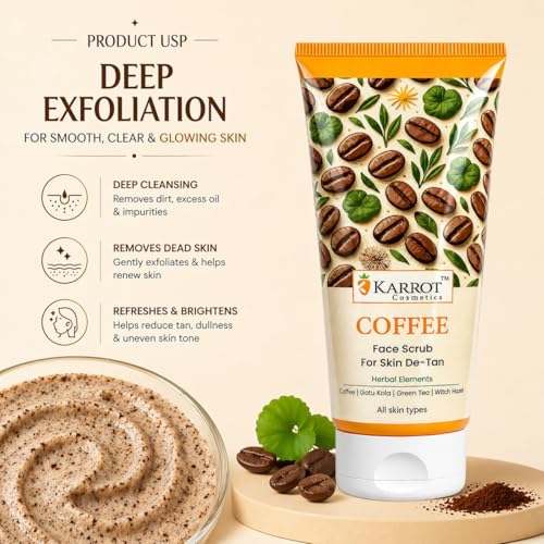 Image of KARROT COSMETICS Coffee Face Scrub for Skin De-Tan & Brightening | Removes Tan, Dead Skin & Blackheads | With Coffee, Gotu Kola, Green Tea & Witch Hazel | Exfoliating Face Scrub for Glowing Skin | 100g.