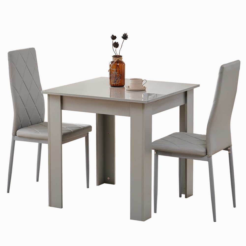 Rainbow Tree Modern 3 Piece Dining Room Table and Chairs Set, Wooden Square Table with 2 Chairs for Small Space Apartment Space Saving (Grey Table+2 Grey Argyle PU Chair)