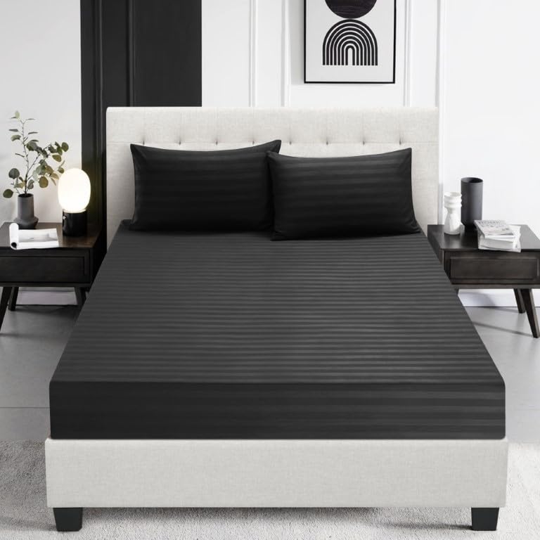 Prime Linens Satin Stripe Fitted Sheet Bed Sheet Brushed Microfiber 30 Cm Deep Fitted Sheet Elastic Edges Breathable Soft Machine Washable Fade Resistant (Black, Single)