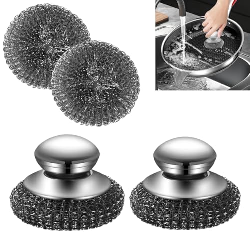 Image of 2PCS Steel Wool Scrubber with Handle, Stainless Steel Wool Scrubber with 2 Replacement Pads, Cleaning Brush for Cleaning Dishes, Metal Pans, Grill, Stoves