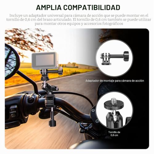 Soporte para barra de cámara con dos cabezales de bola de 360° y tornillo 1/4 3