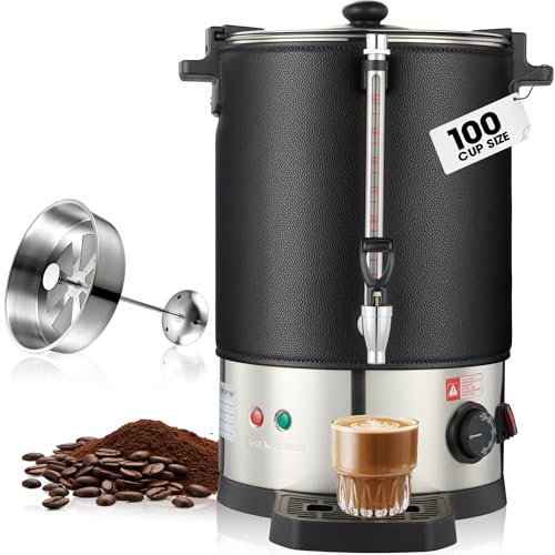 Megaflint 100 Cup Commercial Coffee Urn,Stainless Steel &Thermal Sleeve, 15L Large Coffee Dispenser to Quick Brewing, Hot Water Urn for Home Party Office Catering with Water Level