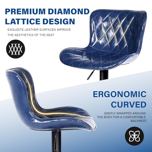 Image of Youhauchair Adjustable Faux Leather Bar Stools Set of 3, Blue1 | Swivel, Counter Height, Back & Footrest, Armless, PU, Modern, Kitchen Island Stool, Upholstered Dining Room Chair
