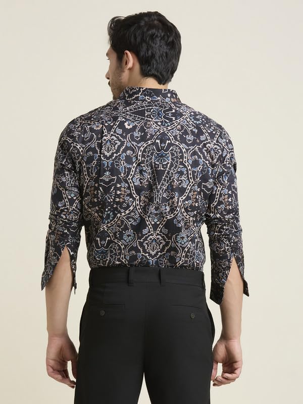 Image of MARK & ALBERT Men's Printed Full Sleeves Regular Fit Shirt Blue | 100% Cotton Stretchable Fabric