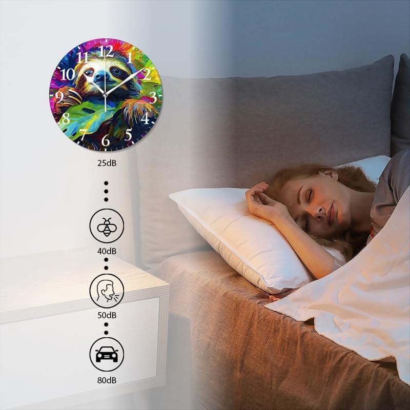 Battery Operated Round Wall Clock Non-Ticking Silent Analog Clcok Decorative for Living Room,Office,Kitchen-Sloth'S Charm in A Burst of Multicolored Foliage(16inch)