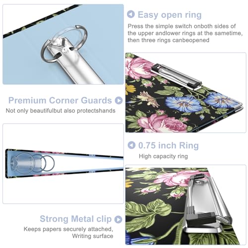 Image of 3 Ring Binder, 0.75 Inch Binder Organizer with 5 Tab Dividers, File Folder Labels, A4 Memo Pad & to Do List Planners for Women, Men, School Supplies and Office Supplies, Flowers