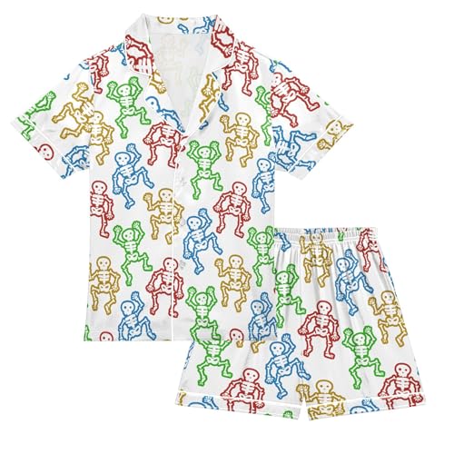 Colorful Funny Skulls Summer Satin Pajama Set, Cute Button-Down Sleepwear Pj Set for Sleep Wears