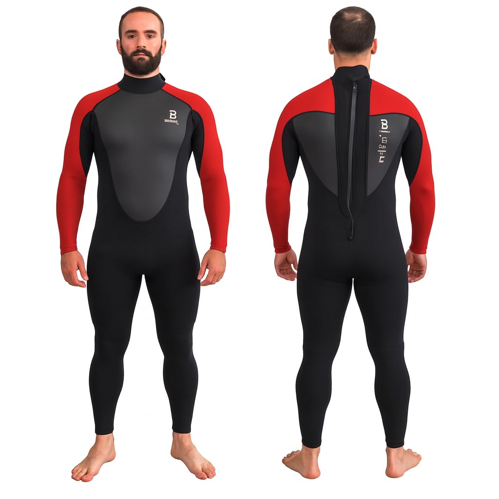 Matai Wetsuits Mens 3/2mm Neoprene Super Stretch Back Zip Full Length Wetsuit for Surfing Swimming SUP Canoe Kayak Sailing Windsurfing (MT, Black/Red) โ image 1