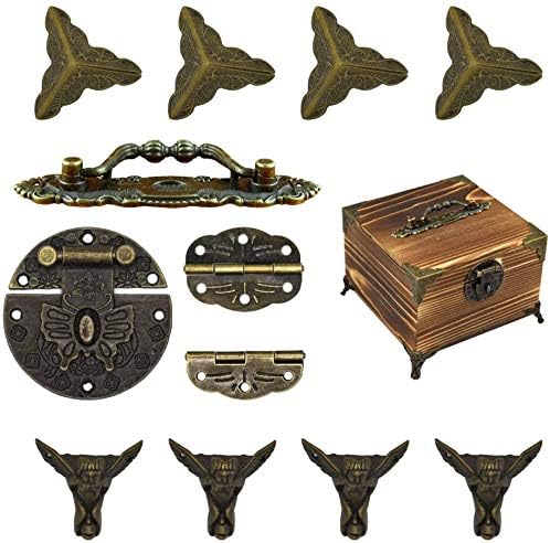 Jewelry Box Antique Lock Latch Hasp Hinges Handle Box Corner Protectors Kit for DIY Jewelry Box Bronze, Box not Included