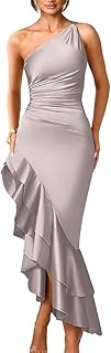 Women's Elegant One Shoulder Ruched Asymmetric Ruffle Satin Cocktail Party Maxi Dress