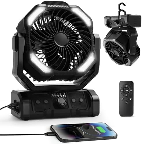 ELZO 20000mAh Camping Ventilator, Wiederaufladbarer Tischventilator USB Ventilator mit LED Licht & Haken, 270° Drehung mit Fernbedienung, Clip Fan für Outdoor Camping Stromausfall