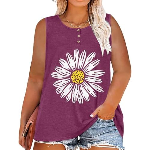 Womens Plus Size Tops Summer Sleeveless Loose Fit Button Down Tanks Top Blouse Shirts, Purple White Sunflower, XL