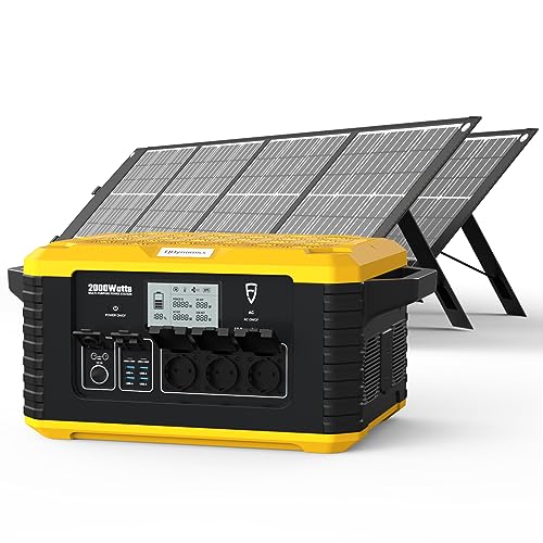 FJD Tragbare Powerstation mit 2*Solarpanels 2000W/2264Wh, 2H Schnellladung Solargeneratoren 220V, USV, 12 Steckdosen für Camping, Balkon Solaranlage, Notstrombatterie, Stromausfälle, MP2000