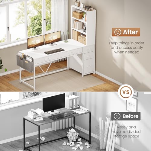Image of SEDETA Computer Desk with 5 Drawers and Bookshelf, Reversible Home Office Desk with Storage Shelves and File Drawer, Gaming Desk with LED Lights for Small Spaces, White