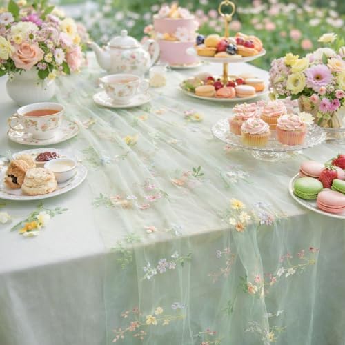 Remagr 9.8 ft Green Flower Table Runner Embroidery Flower Seasonal Table Decorations Tulle Fabric for Home Indoor Decor, Bridal Shower Wedding, Baby Shower Parties, Holiday DIY Craft Kitchen Decor by Remagr - Image 5