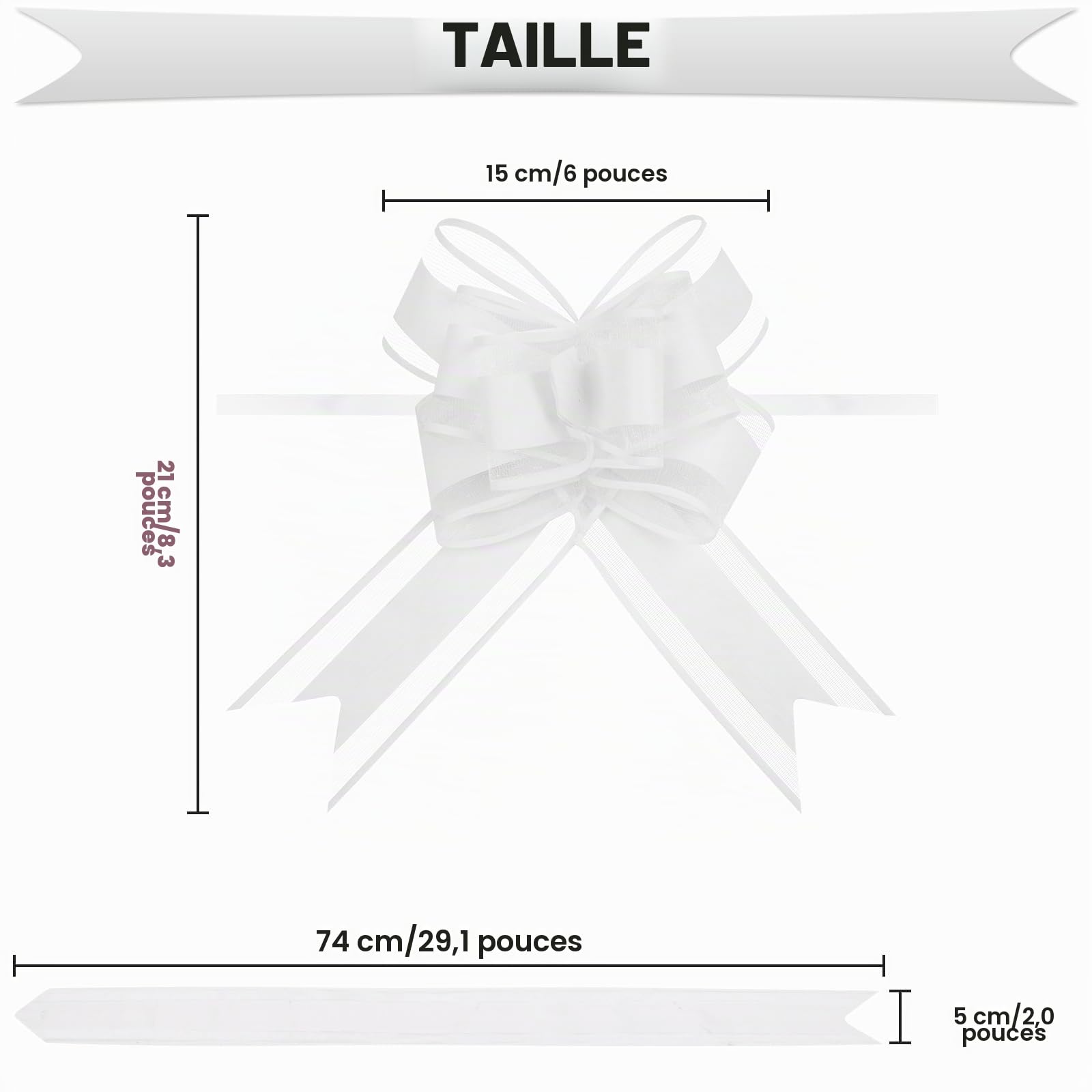 Lot de 50 Grands Nœuds en Organza Blanc pour Décorations Voiture de Mariage