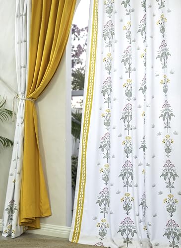 Image of Tranquebar Curtain Co. Cotton Curtains 7 Feet Long Set of 3, 60-65% Room Darkening, Yellow Ethnic Curtains Floral Print, Door Curtains 7 Feet Set of 3, BackTabs, Latha Yellow combo (213 cm) - Set of 3