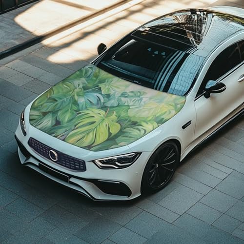 Image of Green Palm Leaves Car Hood Cover for Automobiles, Car Bonnet Banner, Universal Fit, Elastic Polyester, Stretchable, Waterproof Automotive Hood Covers,Car Accessories