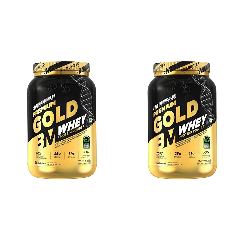 Bigmuscles Nutrition Premium Gold Whey [1Kg] 25g Protein | 11g EAA [Malai Kulfi] & Bigmuscles Nutrition Premium Gold Whey [1Kg] | Informed Choice UK Certified [Strawberry Milkshake]-image-17