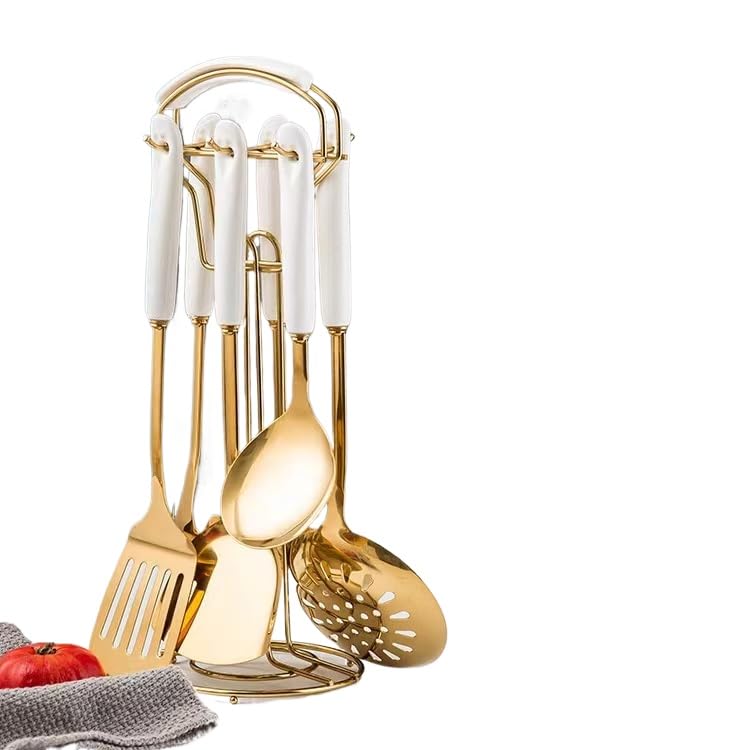 PLbsE 7pcs Kitchen Cooking Stainless Steel Utensils Set With Holder,Nonstick Ceramic Handle Cooking Tools Gadgets Spatula Set With Storage Organizer Stand Cookware Kitchenware Set Gift (White Golden)