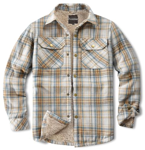 Image of Men's Sherpa Cotton Flannel Shirt Jacket Plaid Button Coat Pocket