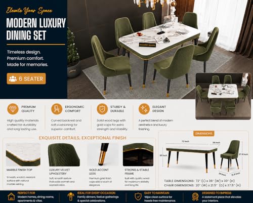 Image of WOODEN SPACE 6-Seater Wooden Dining Table Set | Nano Composite Marble Top | Solid Wood Base | Modern Dining Room Furniture with 6 Chairs (Light Green Vento)