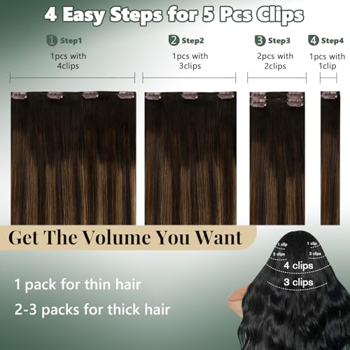 Image of Ugeat Balayage Clip in Hair Extensions Human Hair Brown 12 Inch 5pcs 85g | Real Human Hair Clip in Extensions , Dark Brown Balayage Medium Brown