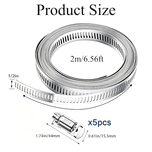 Image of 304 Stainless Steel Adjustable Hose Clamp Kit with 5 Fasteners | 6.6ft cut-to-fit flexible worm gear band, heavy duty pipe strap clamps for plumbing, automotive, and industrial.
