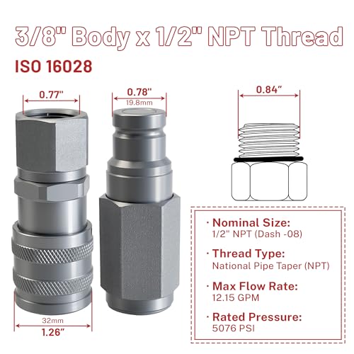 Image of 3 /8 inch Flat Face Hydraulic Quick Connect Coupler Set,1 /2 inch NPT Thread, 5076 PSI, ISO 16028 with Dust Caps