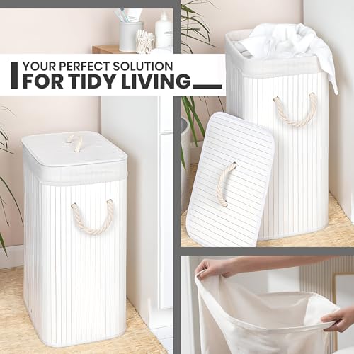Image of iBELL White Foldable 72 Litre Square Bamboo Laundry Basket with Lid | Travel Essential cloth basket | Solid Laundry Basket | Toy storage organiser |(35.5L x 35.5W x 57H)