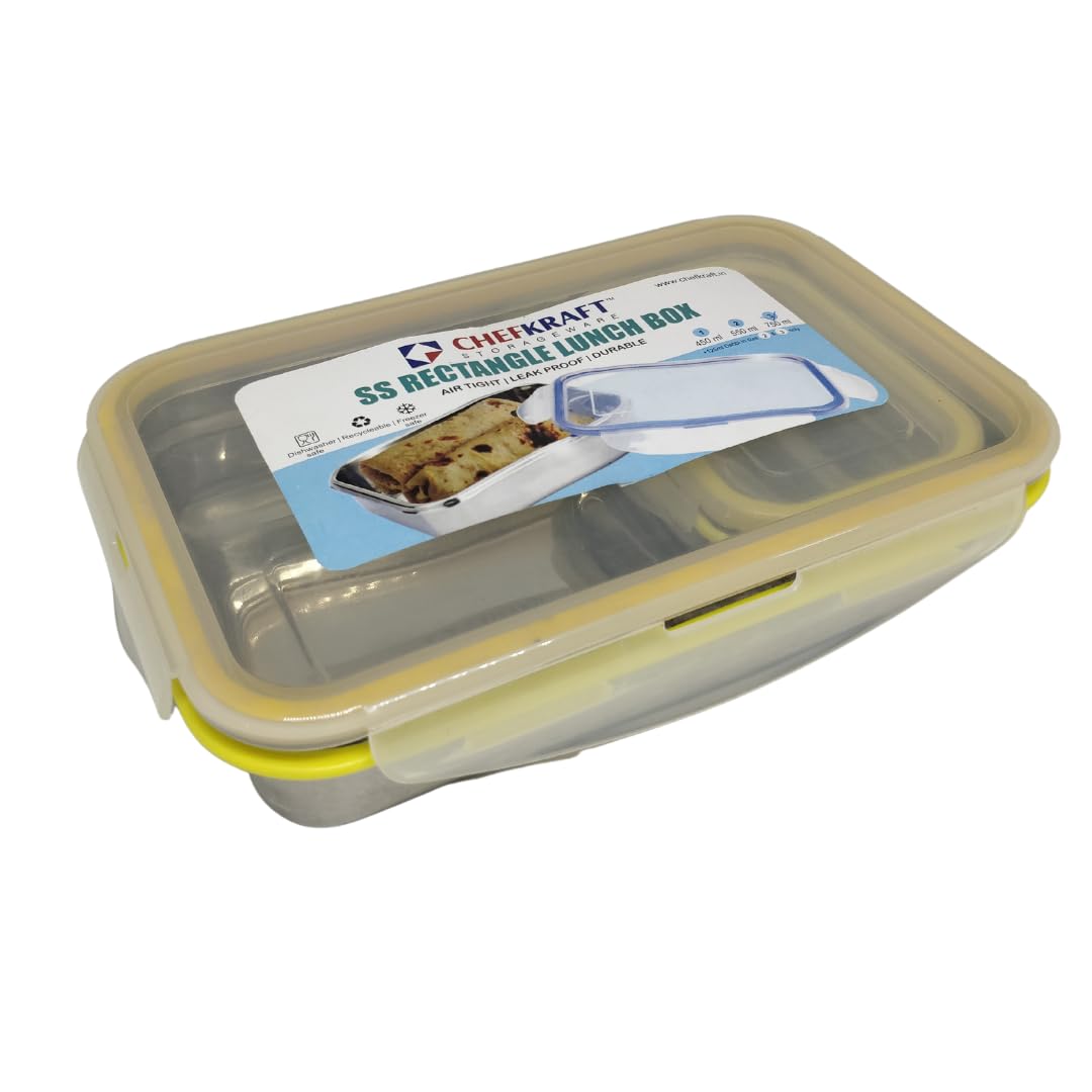 CHEFKRAFT Stainless Steel Lunch Box with Veg Box | Airtight Container Leak Proof Tiffin Box | Rectangle Food Storage Container (Lunch Box, 650 ml+150ml)
