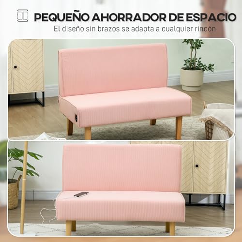 HOMCOM Sofá de 2 Plazas con 2 Puertos USB 1 Puerto Tipo-C Tapizado en Pana Sofá de Salón sin Brazos con Asiento de 20 cm y Patas de Madera Carga 220 kg 110x60x85 cm Rosa - imagen 8